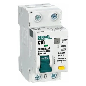 Купить Автоматический выключатель дифференциального тока DEKraft 1Р+N 10А 30мА тип AC х-ка C ДИФ-103 4.5кА 