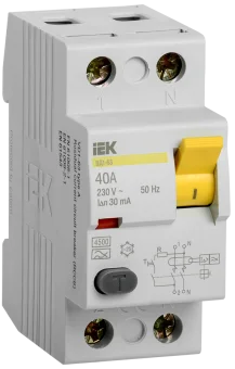 Фото УЗО 2P 40А 30мА Тип АC 4,5 кА IEK ВД1-63