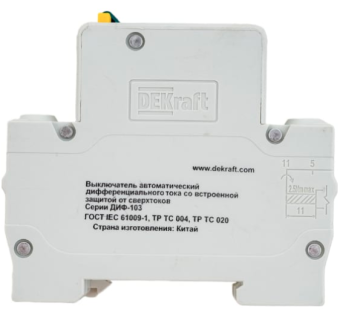 Автоматический выключатель дифференциального тока DEKraft 1Р+N 16А 30мА тип AC х-ка C ДИФ-103 4.5кА  в интернет магазине Прораб Шоп