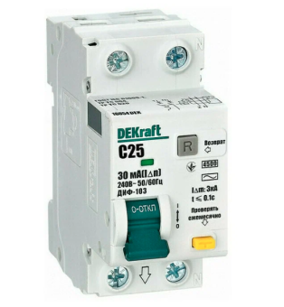 Фото Автоматический выключатель дифференциального тока DEKraft 1Р+N 25А 30мА тип AC х-ка C ДИФ-103 4.5кА