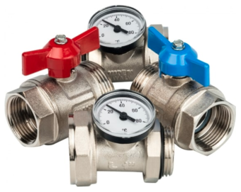 Фото Кран прямой с тройником и термометром (универсальный) 2шт/пара				