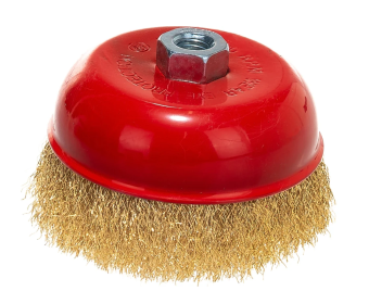 Фото Чашечная корщетка, гайка М14, стальная латунированная волнистая проволока 125 мм КУРС